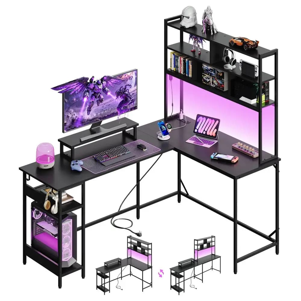 Scrivania da Gaming a L con Hutch, Scrivania per Computer Reversibile con Luce LED, 3 Ripiani, 2 Prese AC2 USB e Supporto Monitor, Cor