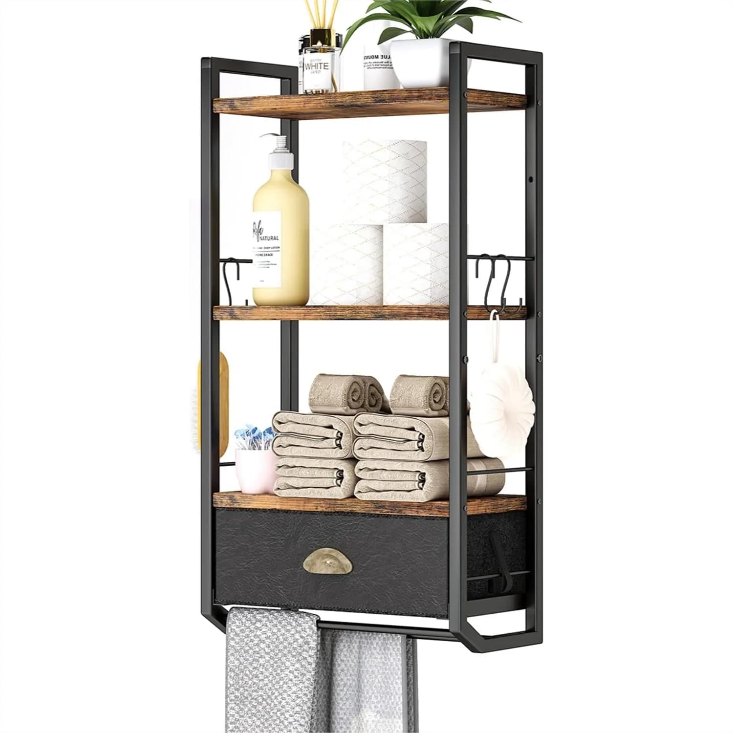 Organizzatore da parete per bagno, scaffale a 3 livelli con cassetto e portasciugamani