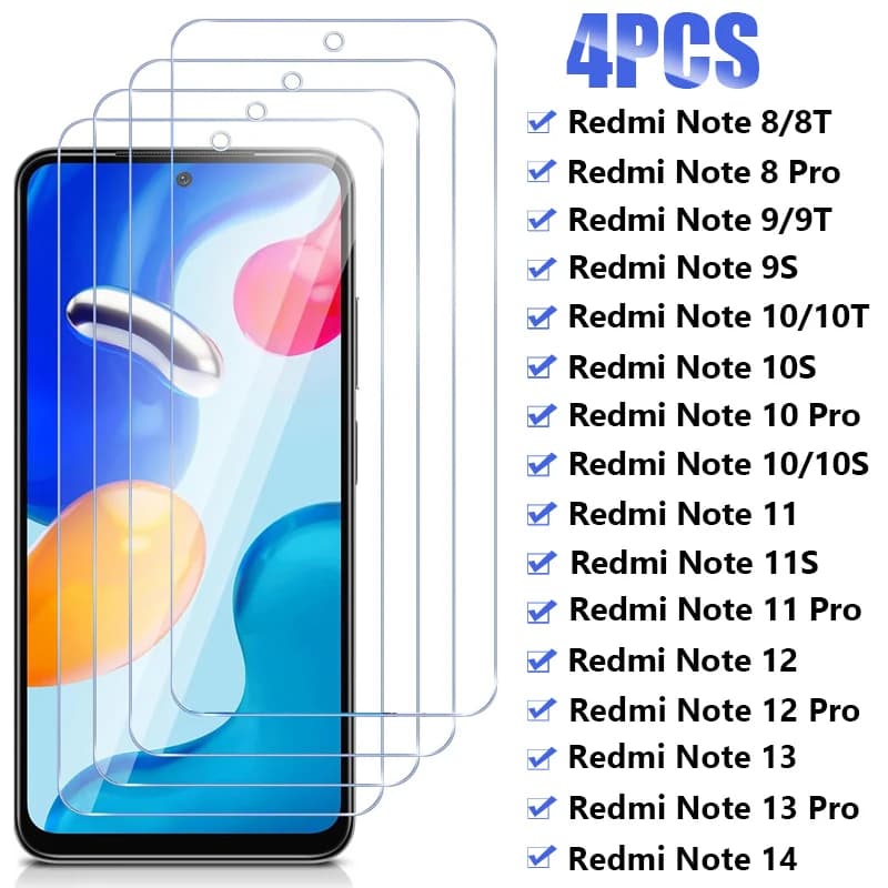 4PCS Vetro temperato per Xiaomi Redmi Note 13 14 15 Pro 5G Protezione dello schermo per Redmi Note 12 11 10 9 8 Pro 9S 10S 11S 12S 9T 10T