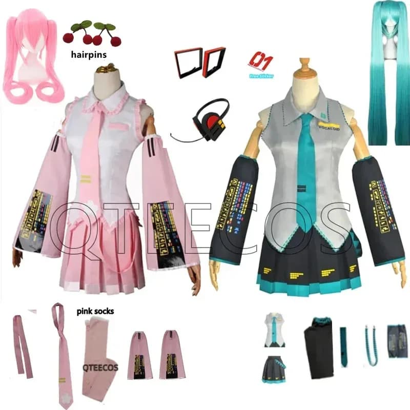 Bilibili Pink Miku Costumi Cosplay Abito longuette Top Gonna Set Anime Halloween Carnevale Party Dress Calzini rosa gratuiti