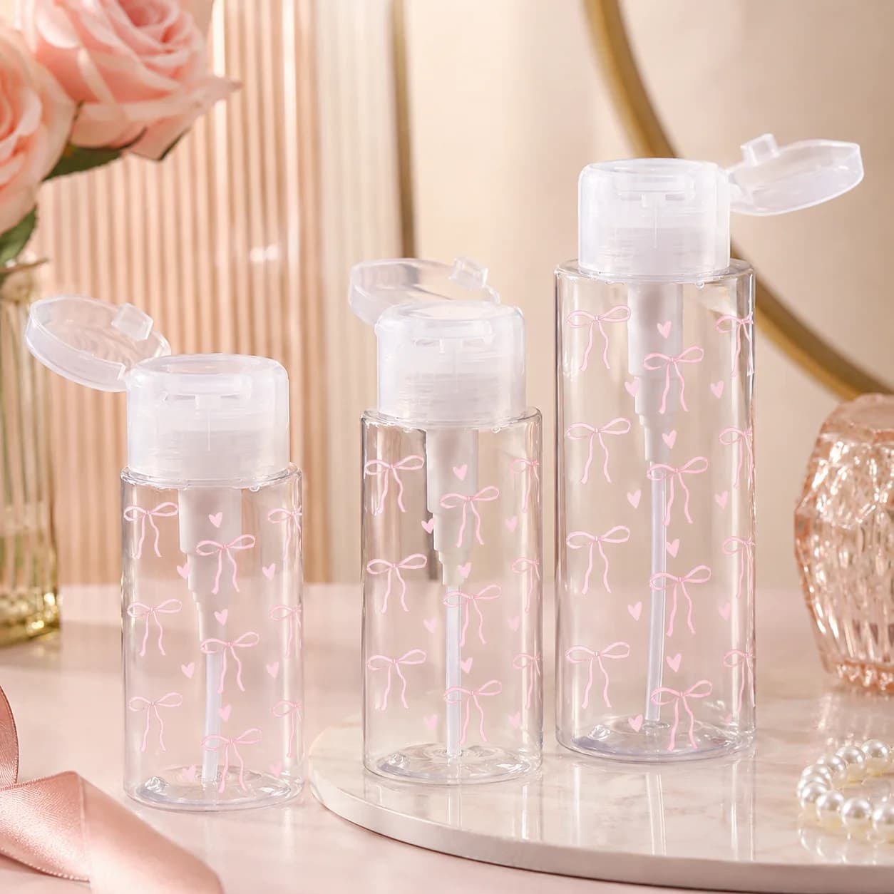 Cute Bow Travel Pump Bottle, Refillable Press Dispenser for Toner Makeup Remover Alcohol Nail Polish