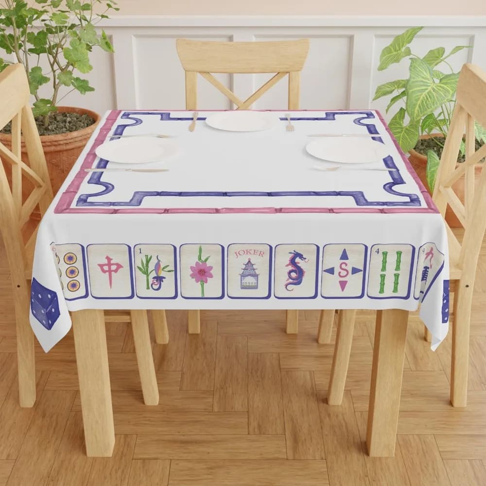 Mahjong Tile Pattern Square Tablecloth - Game Night Instructions Mat Elegant Party Decor