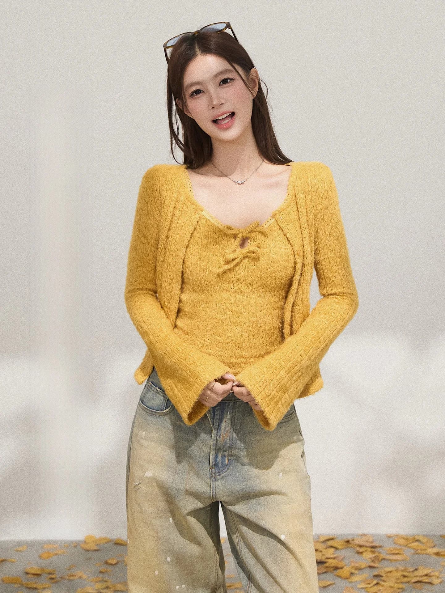 Exuberaant Women's Knitted Sleeveless Cardigan with Belt Slim Fit Long Sleeve Sweater Spring Fashion Outerwear Vest Set