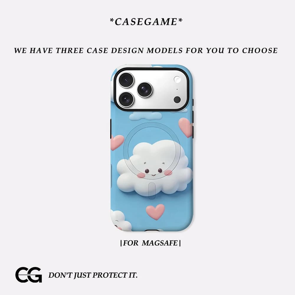 Casegame Cover Opaca Antiurto per iPhone 17 16 15 14 Plus 13 Pro Max con Bumper per MagSafe, in PC Rigido, con Simpatiche Nuvole 3D