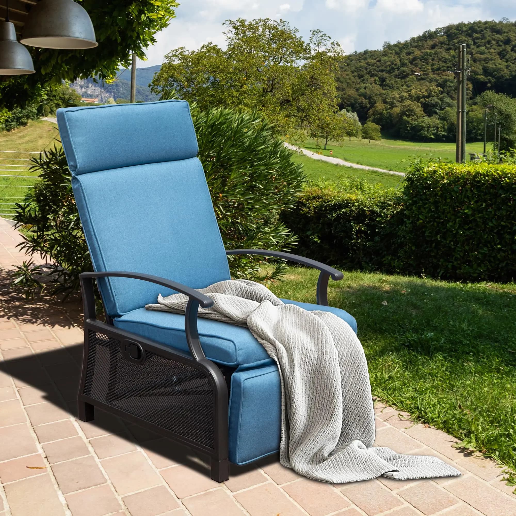 ！@Outdoor Patio Recliner Chair With Flip Table Push Back Adjustable Angle Removable Cushions Metal Lounge Chair