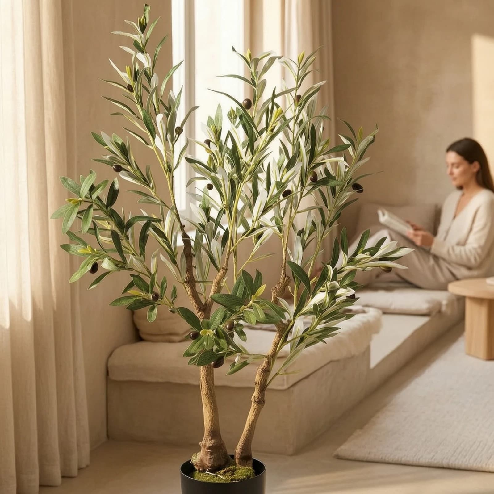 Faux Olive Tree Realistic Artificial Olive Tree Plant Tall Indoor for Living Room, Entryway