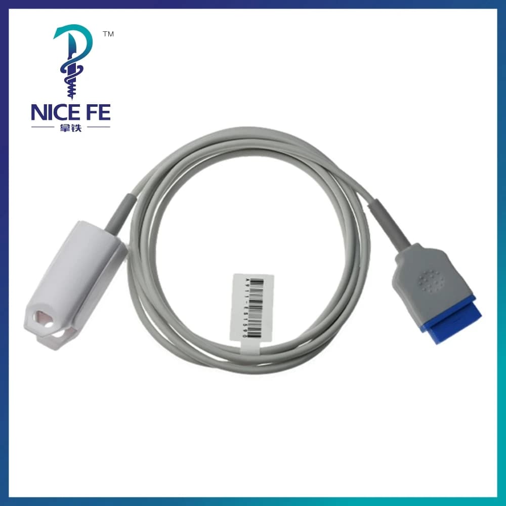 Reusable pulsometer probe with 3 meters long cable, silicone finger clip for adults, compatible with GE B105 Massimo, new set.
