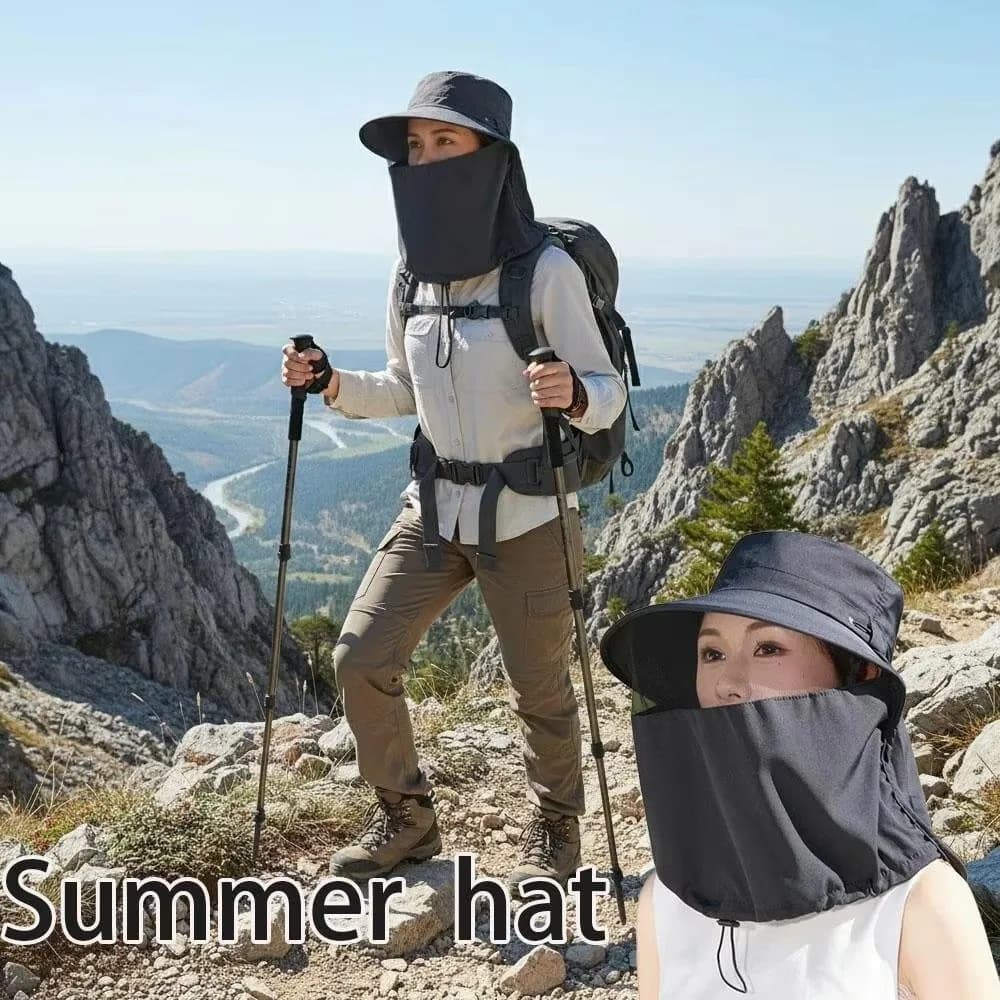 Nuovo Cappello da Pescatore Anti-UV Regolabile con Protezione 50+UPF, Maschera per il Viso e Sciarpa per il Collo, Cappello da Sole a Tesa Larga per Spiaggia, Escursionismo e Pesca