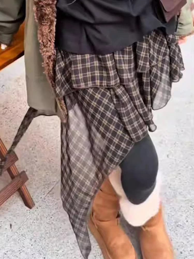 Retro Plaid Asymmetrical Hem Skirt Curtain Women's High-End Layered Wear Butt Covering Half-length Skirt Korean Style Commute