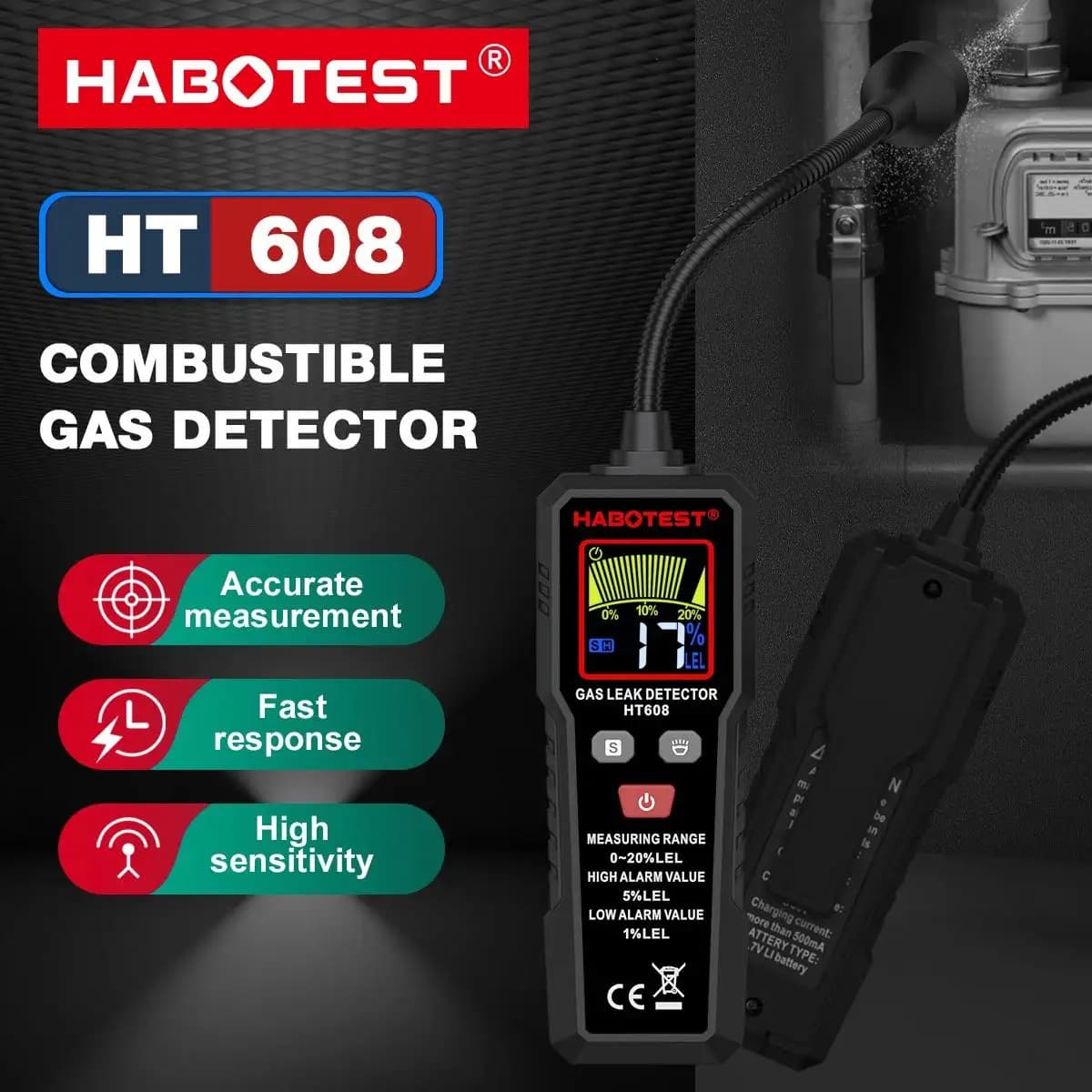 HABOTEST HT608 Rilevatore di perdite di gas naturale Allarme sonoro e schermo Rilevatore di perdite di gas metano infammabile combustibile Rilevatore di posizione