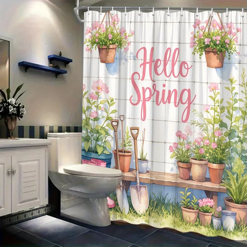 Watercolor Hello Spring Gardening Tools Pink Flower Potted Plant Tile Background Print Shower Curtain Waterproof Mildew Resistan