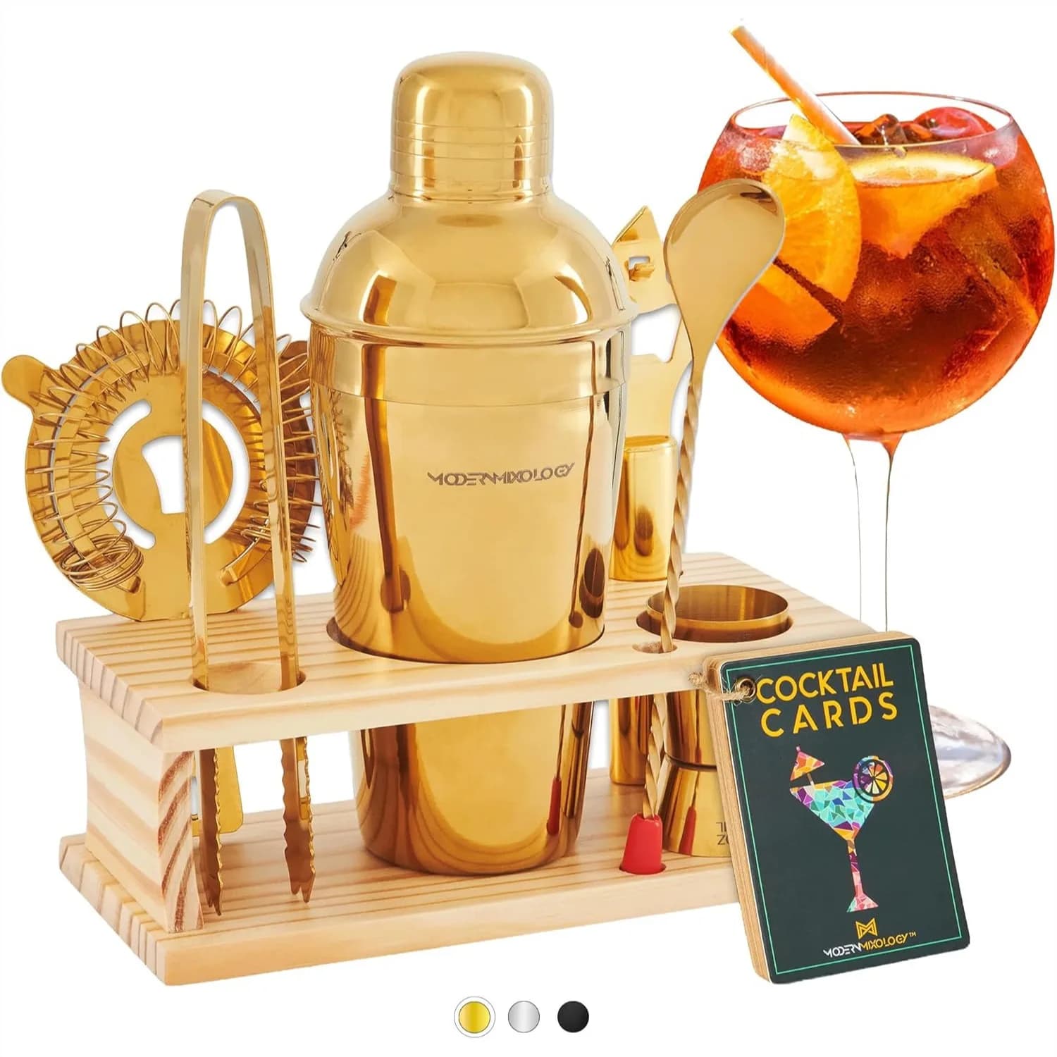 Set Shaker per Cocktail con Supporto in Pino - Design Anti-Perdita, Include Shaker per Martini, Jigger, Colino, Cucchiaio, Pinze - Perfetto per il Bar