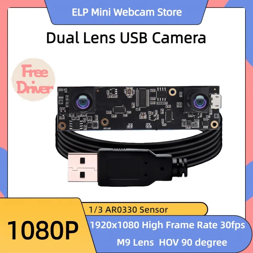 ELP Synchronous Dual Lens USB Camera AR0330 3D Stereo Camera 1920X1080 Full HD 2MP Webcam with M9 90 Degree Lens for Robot VR