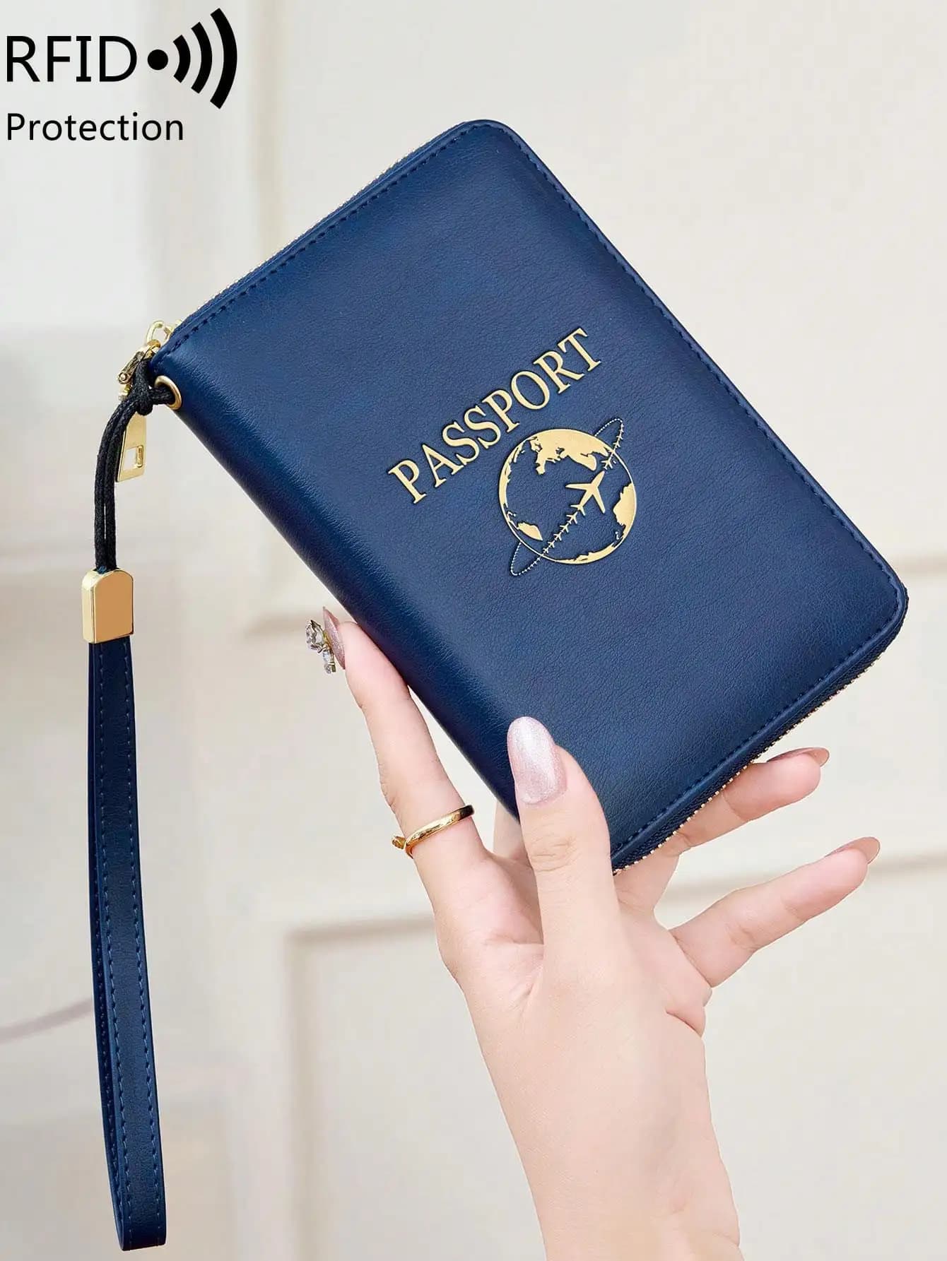 Porta passaporto con blocco RFID MIYIN con scomparti per carte, portafoglio da viaggio bifold con cinturino da polso, portatile ed elegante, fodera in poliestere, tasca con cerniera per carte di credito, custodia per passaporto con protezione RFID, custodia per passaporto, accessori da viaggio, articoli per il ritorno a scuola