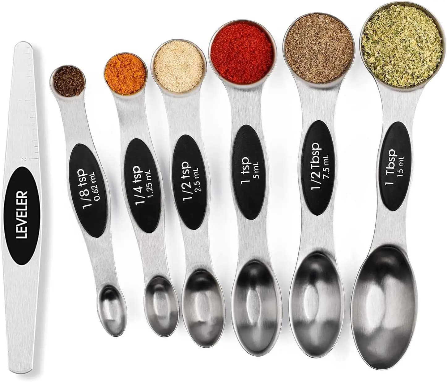 Set di Cucchiai Dosatori Magnetici in Acciaio Inox con Livellatore, Impilabili in Metallo per Cucina, Adatti per Barattoli di Spezie