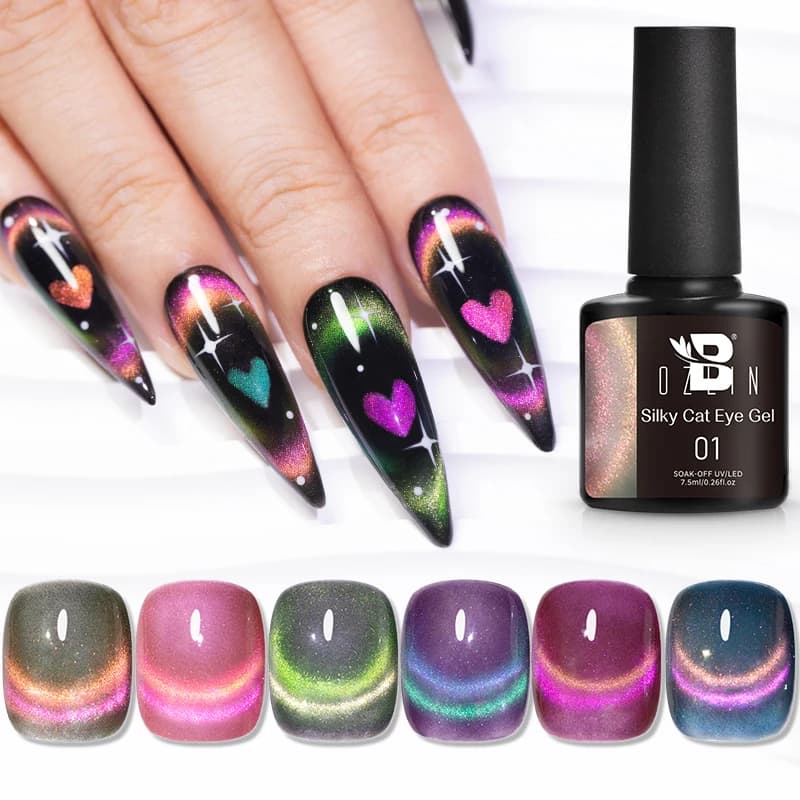 BOZLIN 7.5ml Smalto gel setoso per occhi di gatto Scintillante Multi-colore Semi permanente Soak Off Doppia luce Glitter Gatto Magnetico UV LED Gel