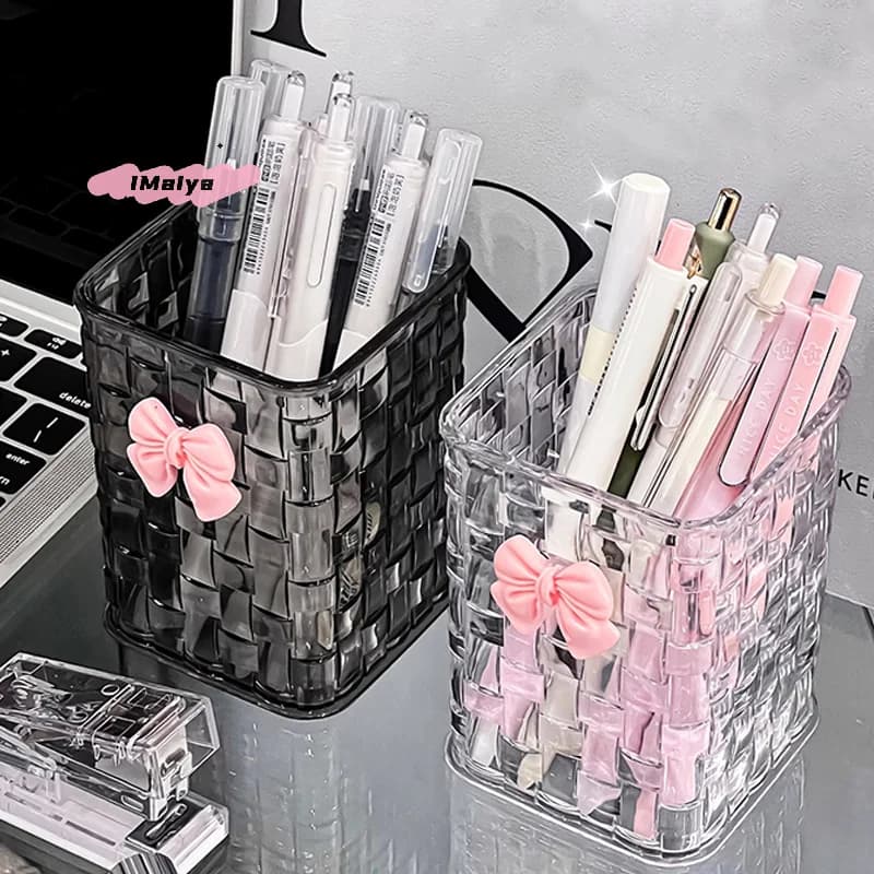 M-1Pc desk holder and box, with bow decoration and storage basket, suitable for storing office items