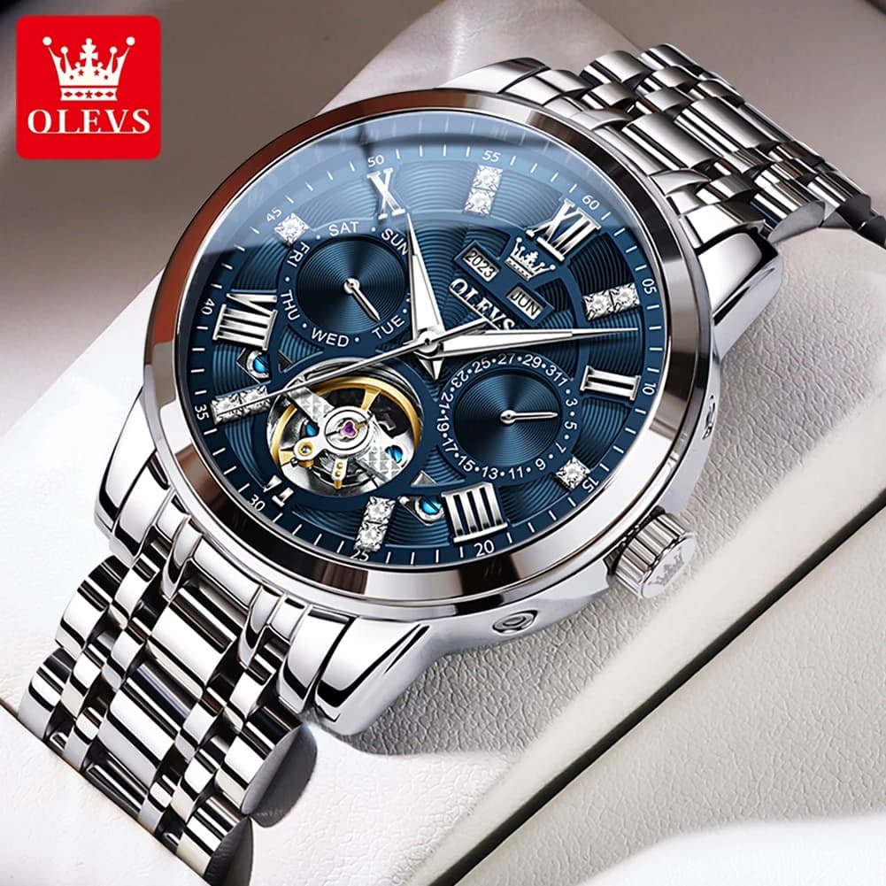 OLEVS 6701 Orologio automatico da uomo con volano scheletrato di lusso Orologio da polso con doppio calendario Orologio luminoso impermeabile in acciaio inossidabile