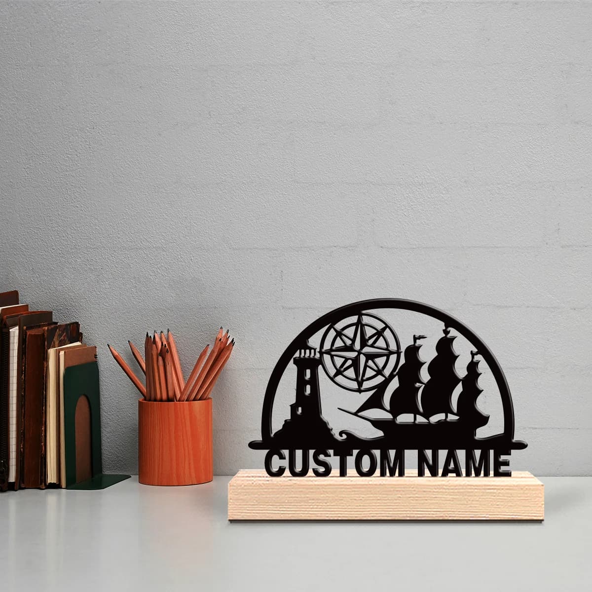 1 custom metal statuette with sailboats and butterflies, with wooden base, table decoration, desk art for artists