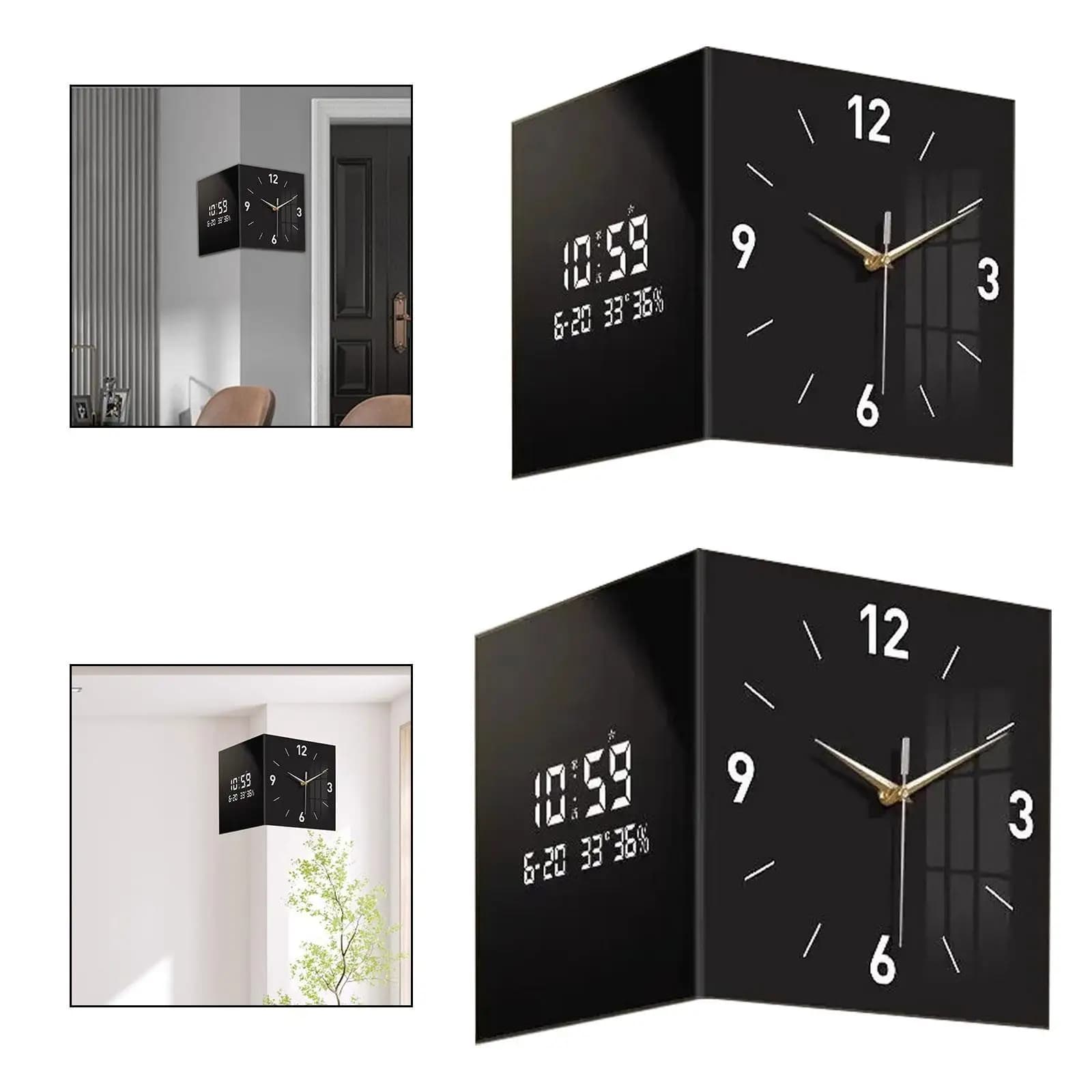 Orologio da parete ad angolo bifacciale a LED dal design moderno in legno con retroilluminazione per soggiorno, sala da pranzo, hotel