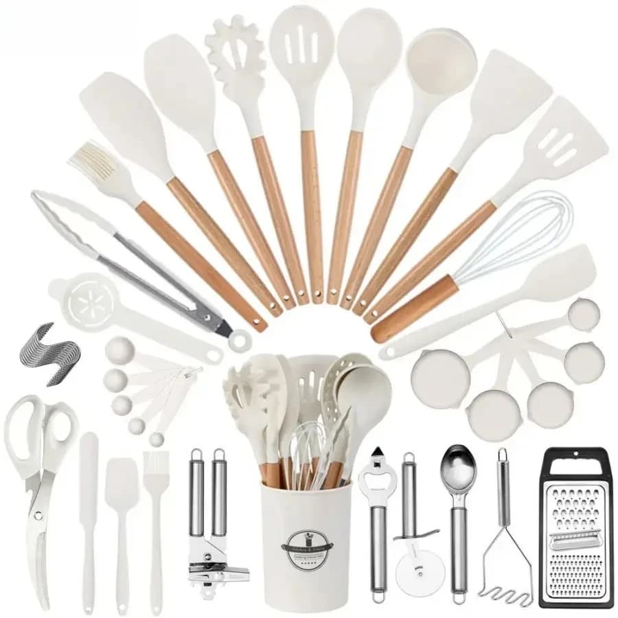34 piece premium silicone kitchen utensils set with wooden handles and heat resistant kitchen knife