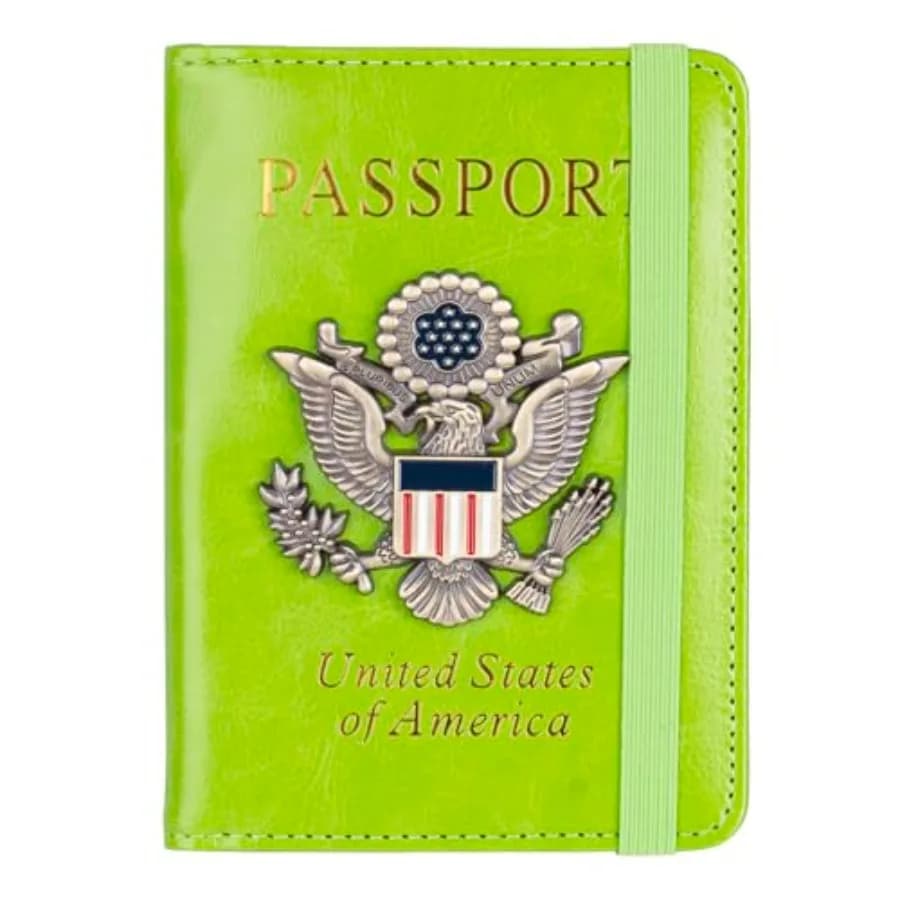 RFID Blocking Passport Holder for Women Men, Leather Passport Travel Wallet with 3D Metal Badge, Travel Document Holder Cover A