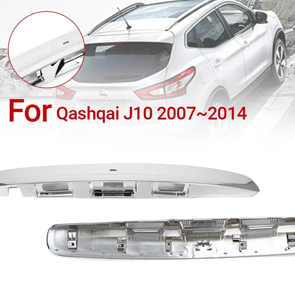 Maniglia del coperchio del bagagliaio del portellone posteriore dell'auto per Nissan Qashqai J10 2000-2014 in plastica con foro per fotocamera parti della porta della copertura della coda in argento cromato