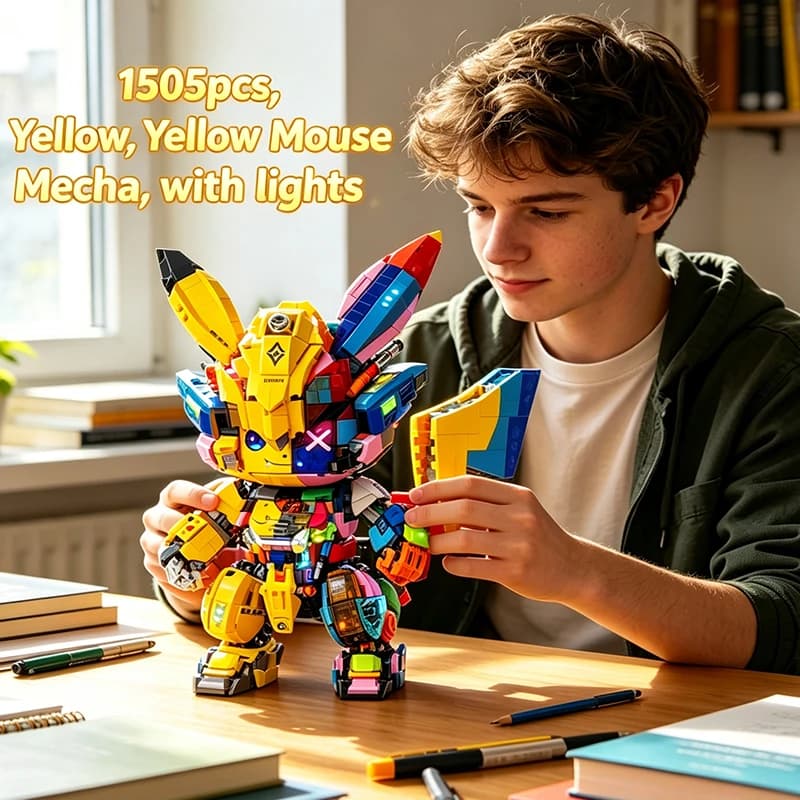 Set di Blocchi da Costruzione Anime da 1505 Pezzi, Kit Modello Mecha Topo Giallo con Luci, Giocattolo STEM per Bambini, Regalo per Ragazzi e Ragazze