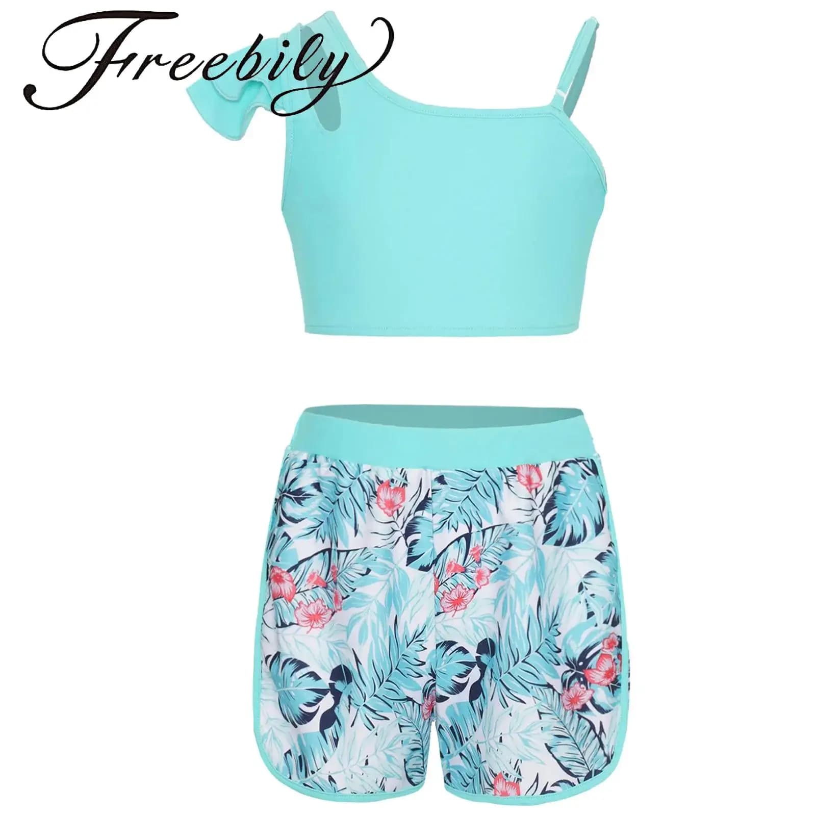 Costume da bagno estivo per ragazze con stampa tropicale Canotta Top da bagno Pantaloncini Abiti Costume da bagno da spiaggia Parco acquatico Bagno solare Costumi da bagno sportivi