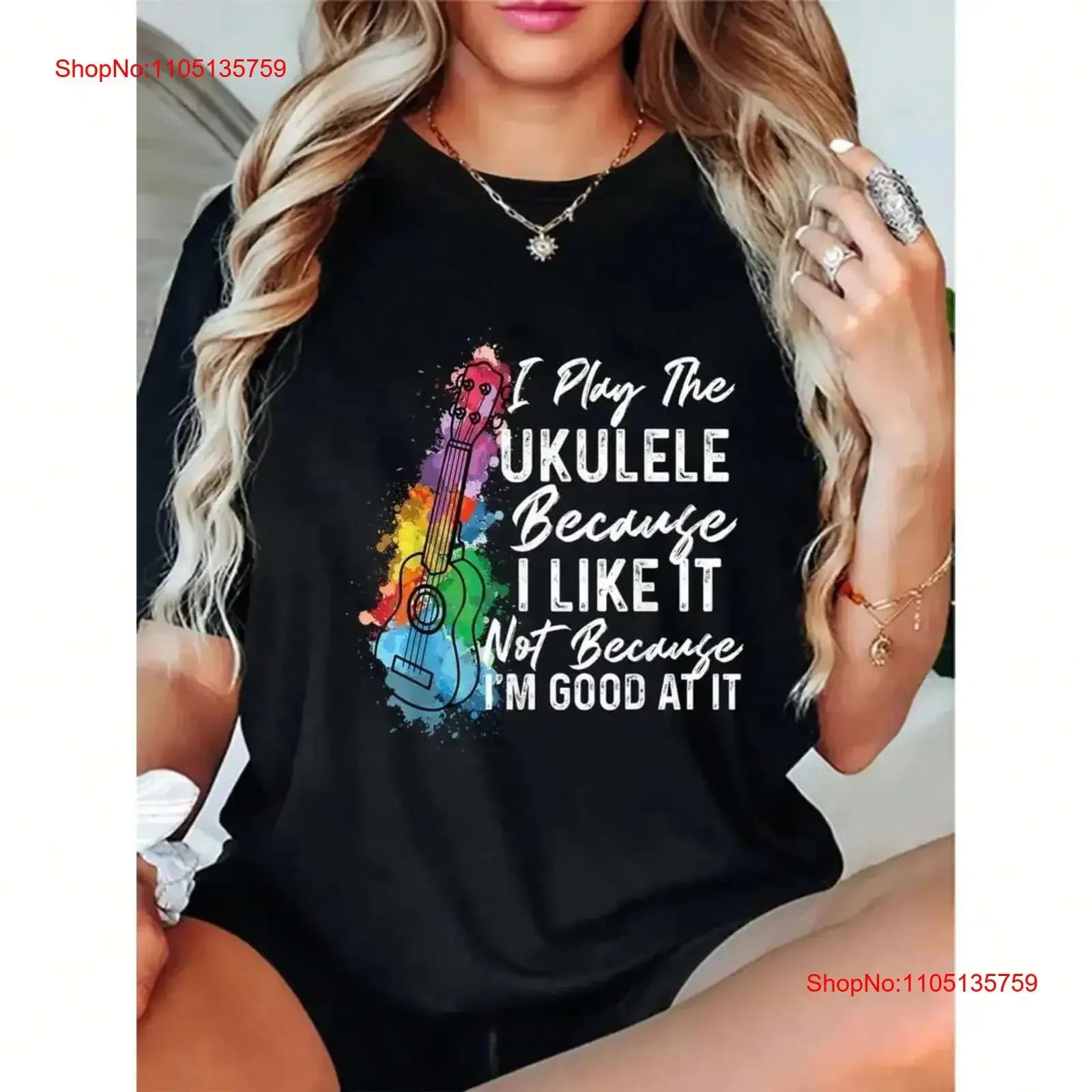 T-shirt da donna con ukulele, morbida e ampia, girocollo, vintage, lavata, da indossare tutti i giorni, comoda, versatile ed elegante