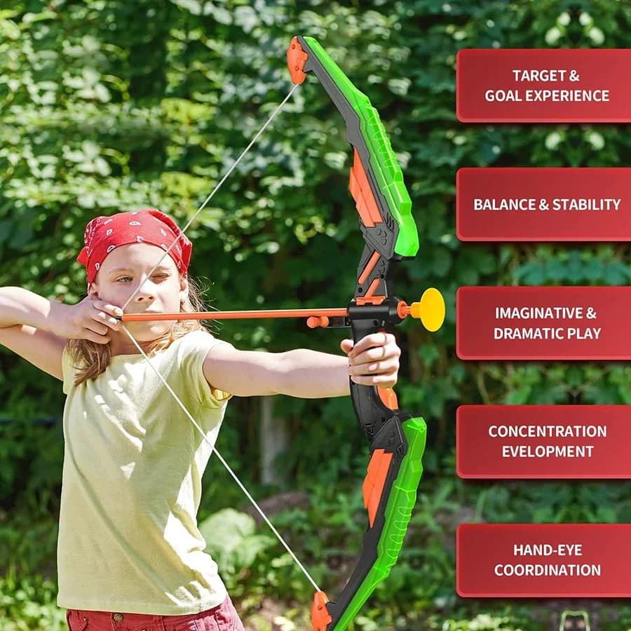 MQUDUO Red Green Glowing Archery Bow Kit with Target Board, Quiver and Suction Arrows for Backyard Challenge Gift