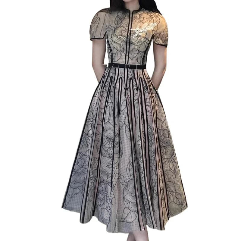 Abito in pizzo nero dal design di lusso per donna Patchwork floreale Abbigliamento da donna elegante Festa da sera O-Collo Cintura abiti vintage