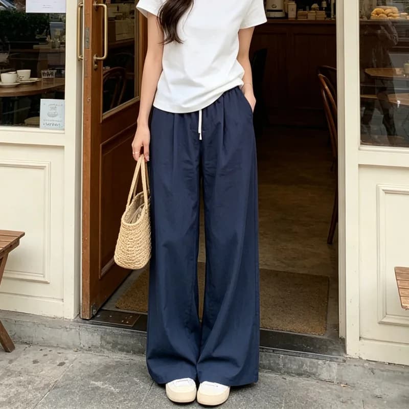 Women’s Color-block Elastic Waist Loose Wide-leg Casual Pants, Summer Textured Drape Straight-leg Floor-length Pants