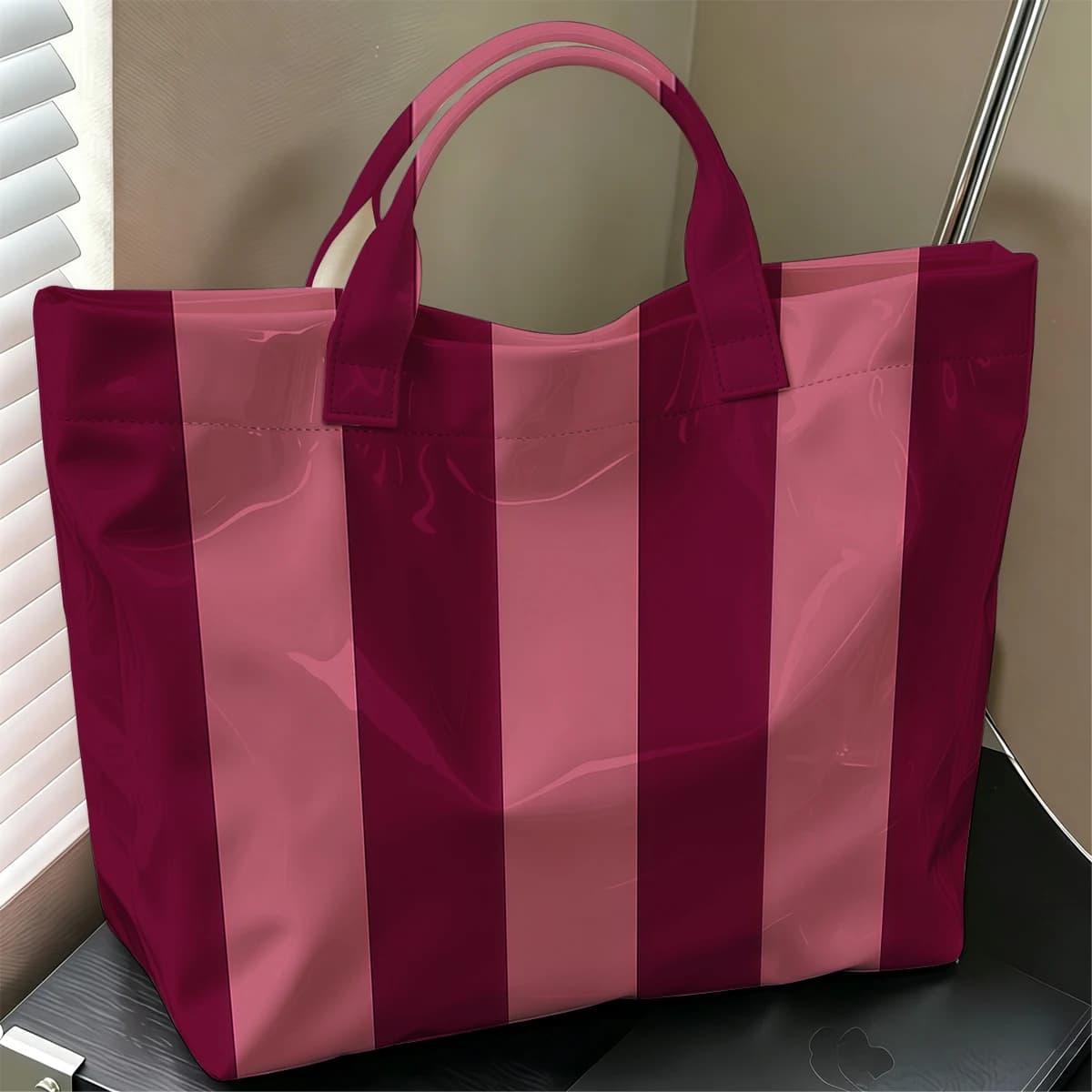 Burgundy Stripes Hot Sale Large Glossy PVC Tote Bag Hand Washable Waterproof Great for Travel Commute Makeup Storage Handbags