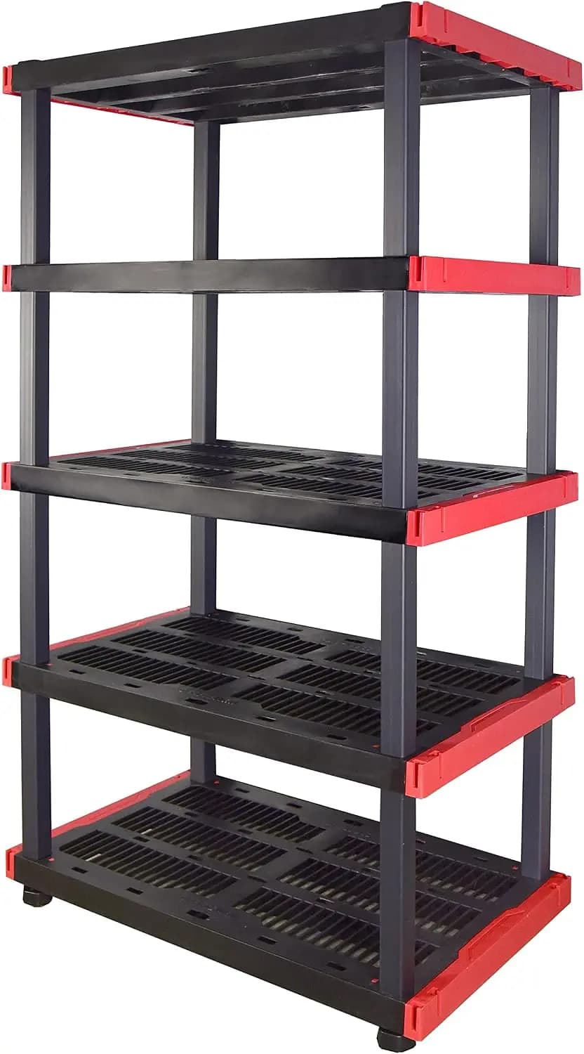 Heavy Duty Plastic Storage Shelves, 5 Tier Standing Shelving Unit, Utility Storage Rack Organizer For Garage Pantry Shed, Weather Resistant Modular Organizer Rack, Black
