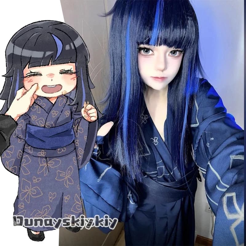 Costume cosplay di Araya dal gioco anime Limbus Company, uniforme da bambina, kimono giapponese con stampa, abito blu scuro.
