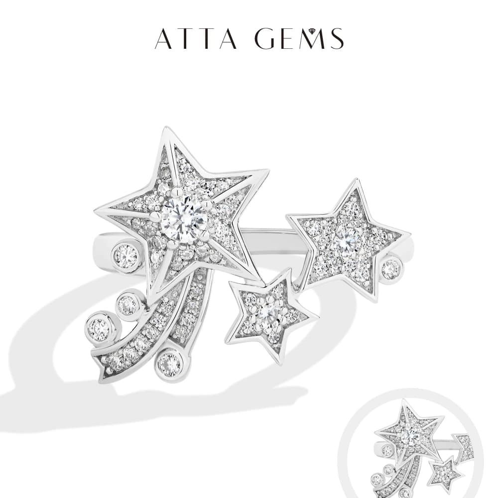 ATTAGEMS Luxury Light All Moissanite Star Sterling 925 Silver Rings for Women Unique Design with Lucky Genuine Jewelry Refined Gift