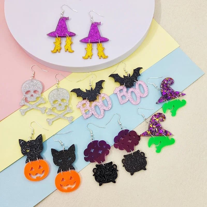 Funky Cartoon Halloween Orecchini pendenti per donne Strega Zucca Gatto Teschio Glitter Gioielli acrilici Accessori interessanti