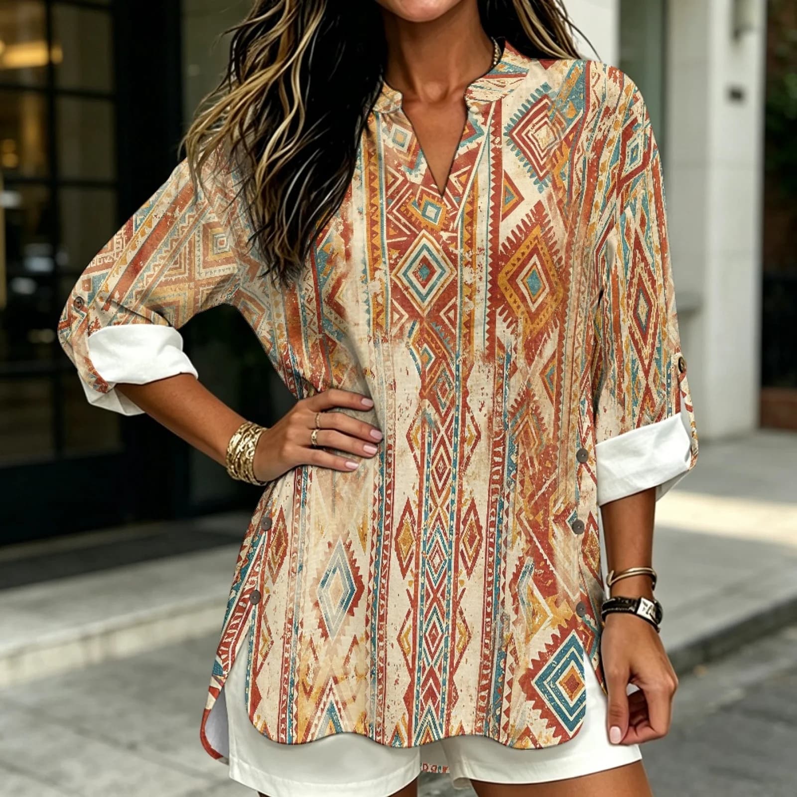 PENSTROLL Geometric Diamond Loose Tunic Blouses for Party Linen Like Casual Blouses Sizes S-5XL