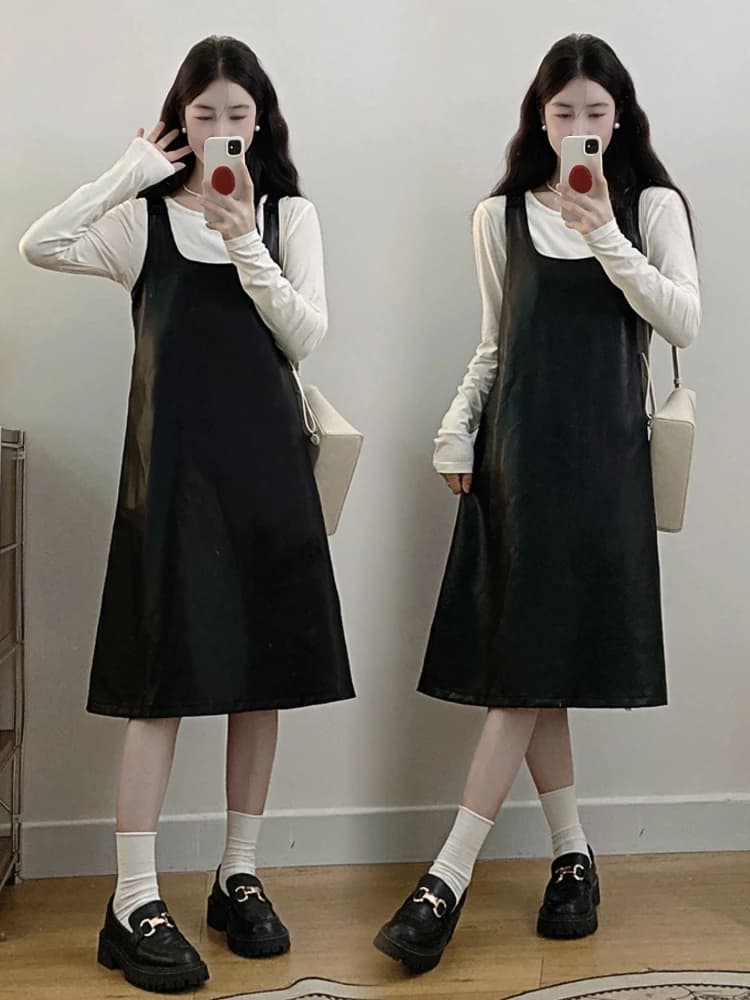 Spring Autumn Women's plus Size Fashionable Slimming Clothing Set with Shoulder Straps Midi Dress A-Line Skirt Two-Piece Set