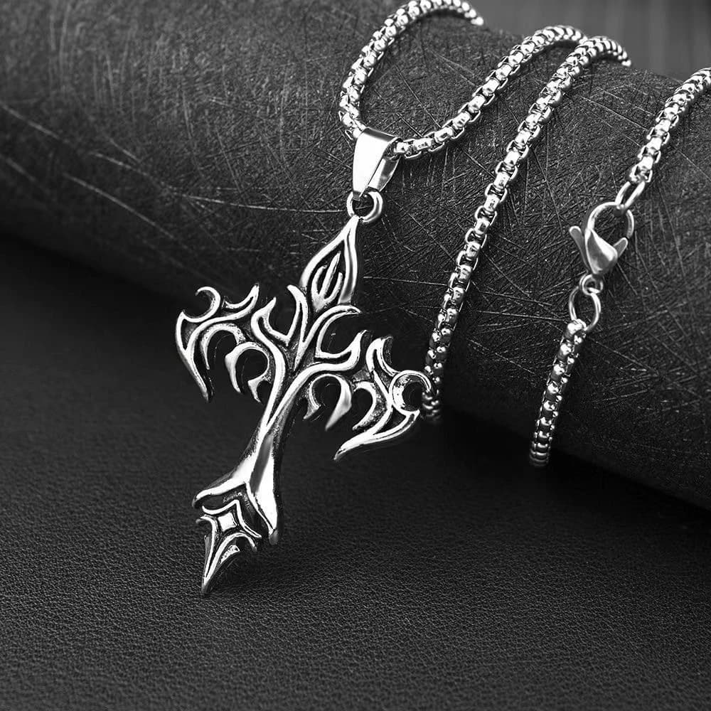 Stainless Steel Necklace Flame Retro Cross Titanium Steel Casting Men women Pendant Necklace Sweater chain decoration chain