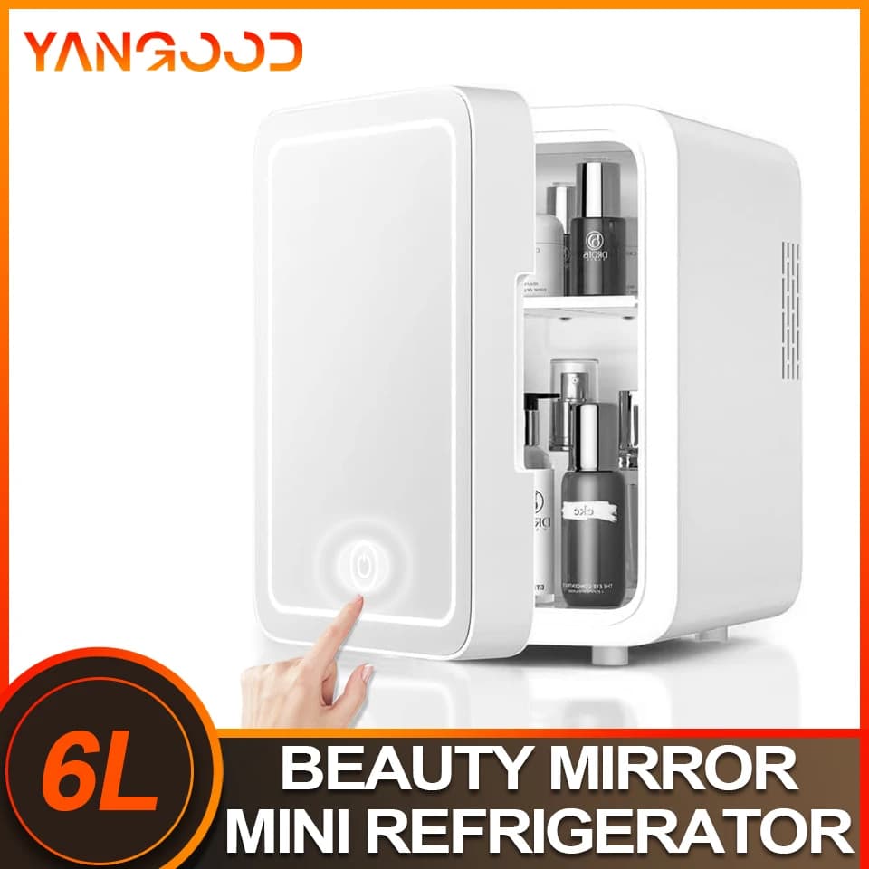 Mini Frigo Portatile 6L 12V per Cosmetici e Skincare, Doppio Uso Caldo/Freddo, Specchio LED, Mini Frigorifero per Auto