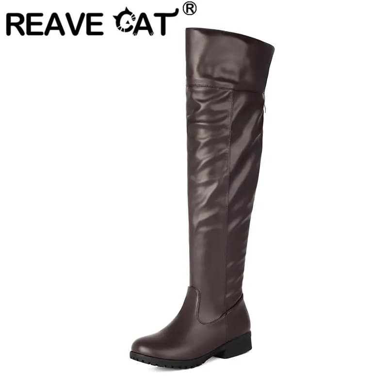 REAVE CAT Leisure Donna Stivali alla coscia Punta tonda 3 cm Tacchi a spillo Cerniera di grandi dimensioni 48 49 50 Quotidiano sopra scarpe alte sottili Equitazione Bota