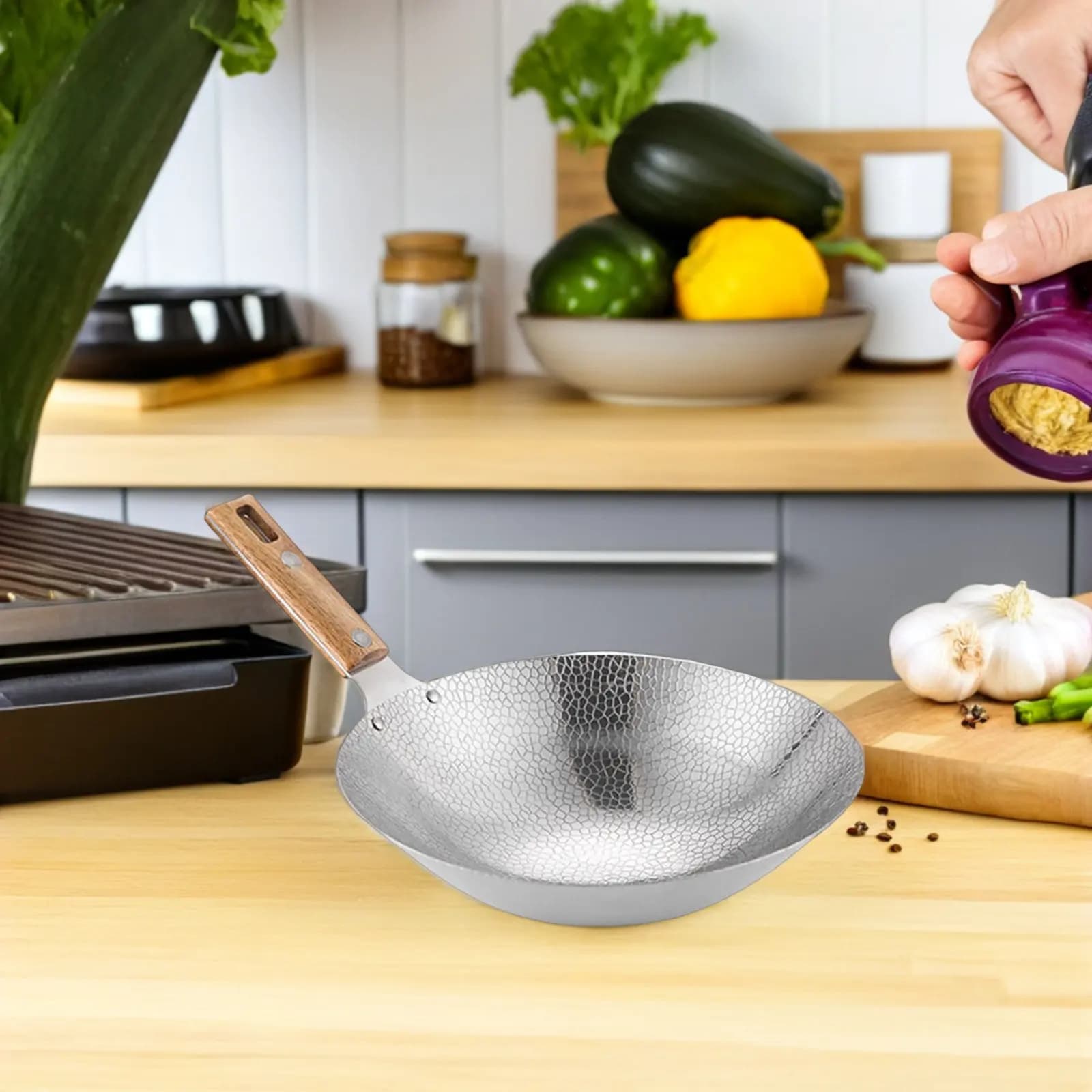 Wok in Acciaio Inox, Padella Multifunzione per Frittura, Utensile da Cucina Resistente per Casa e Ristorante, Uso Quotidiano, Facile da Pulire
