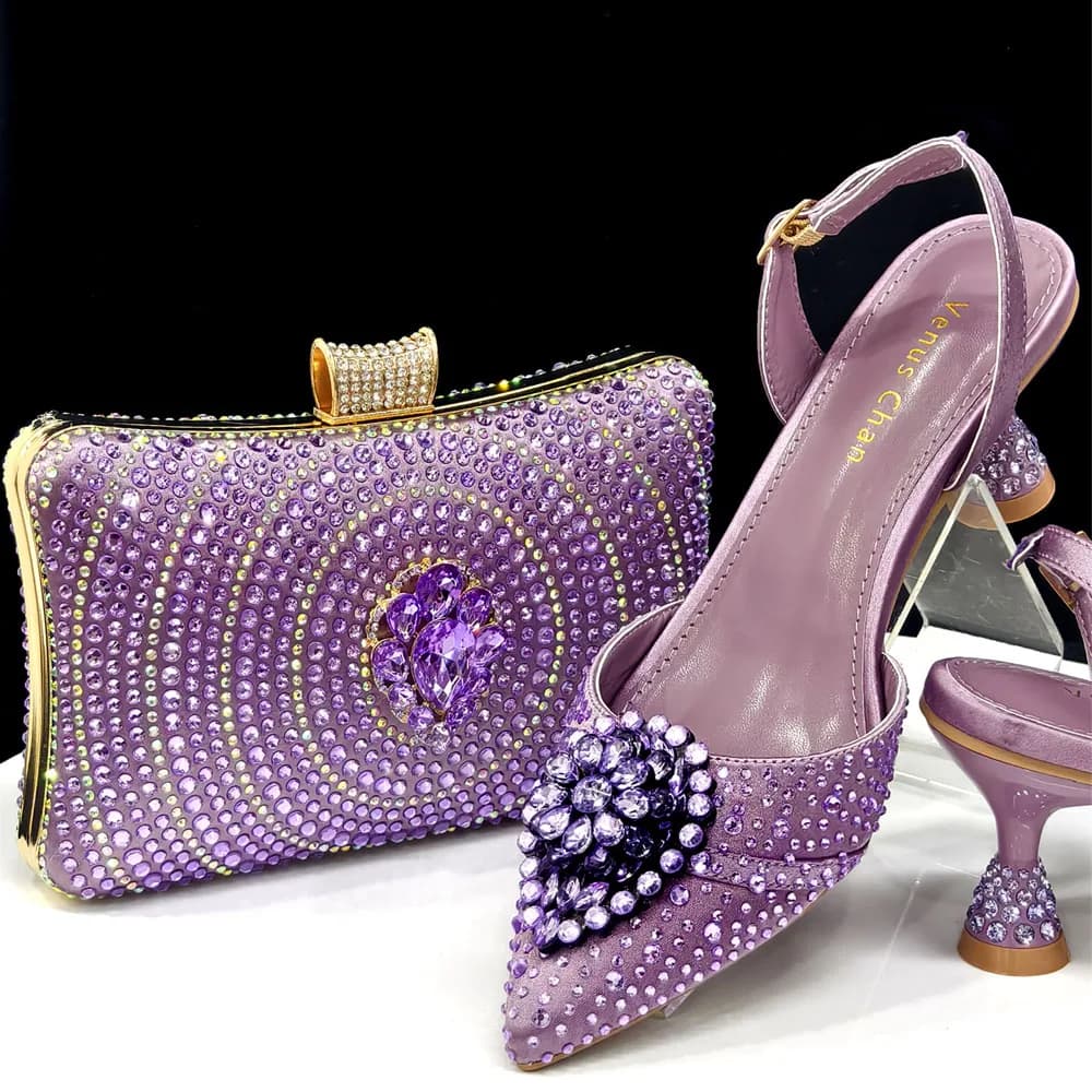Venus Chan 2025 Set di scarpe e borse da donna con tacco alto e punta a punta viola con strass di lusso italiano Taro - Perfetto per le feste