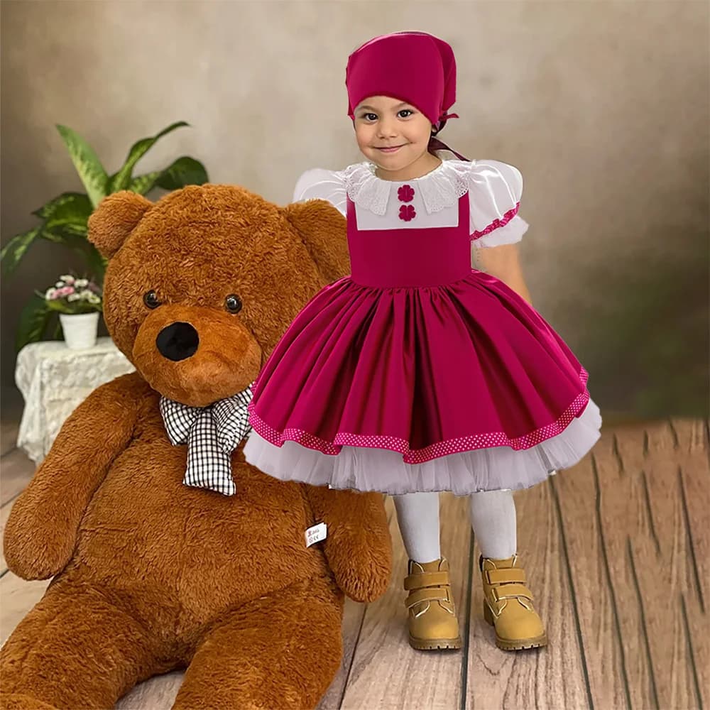 Neonate Masha e Orso 2 pezzi Vestito da festa Baby Hot Pink Floral Compleanno Abito Ragazza Pizzo Soffici Abiti di moda Costumi per bambini