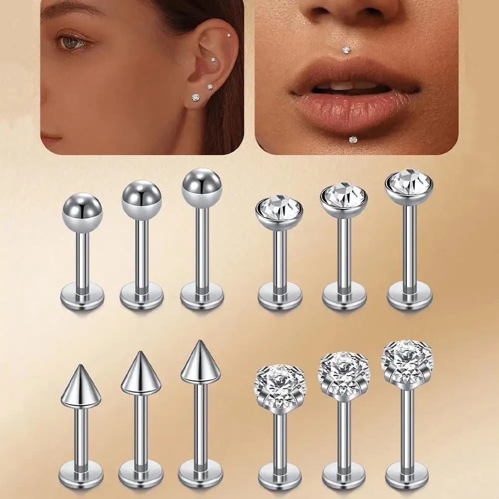 1 Piece 16G Stainless Steel Ball Cone CZ Lip Ring Nose Stud Flat Back Cartilage Stud Earrings Body Piercing Jewelry 6/8/10/12mm