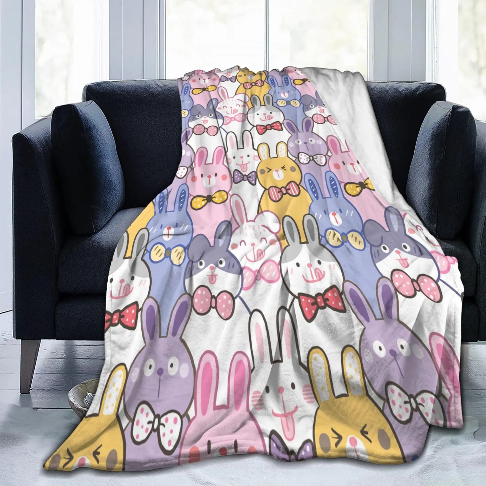 Simpatica coperta stampata con coniglio per divano letto, viaggio, campeggio, soggiorno, ufficio, coperta per regali per tutte le stagioni