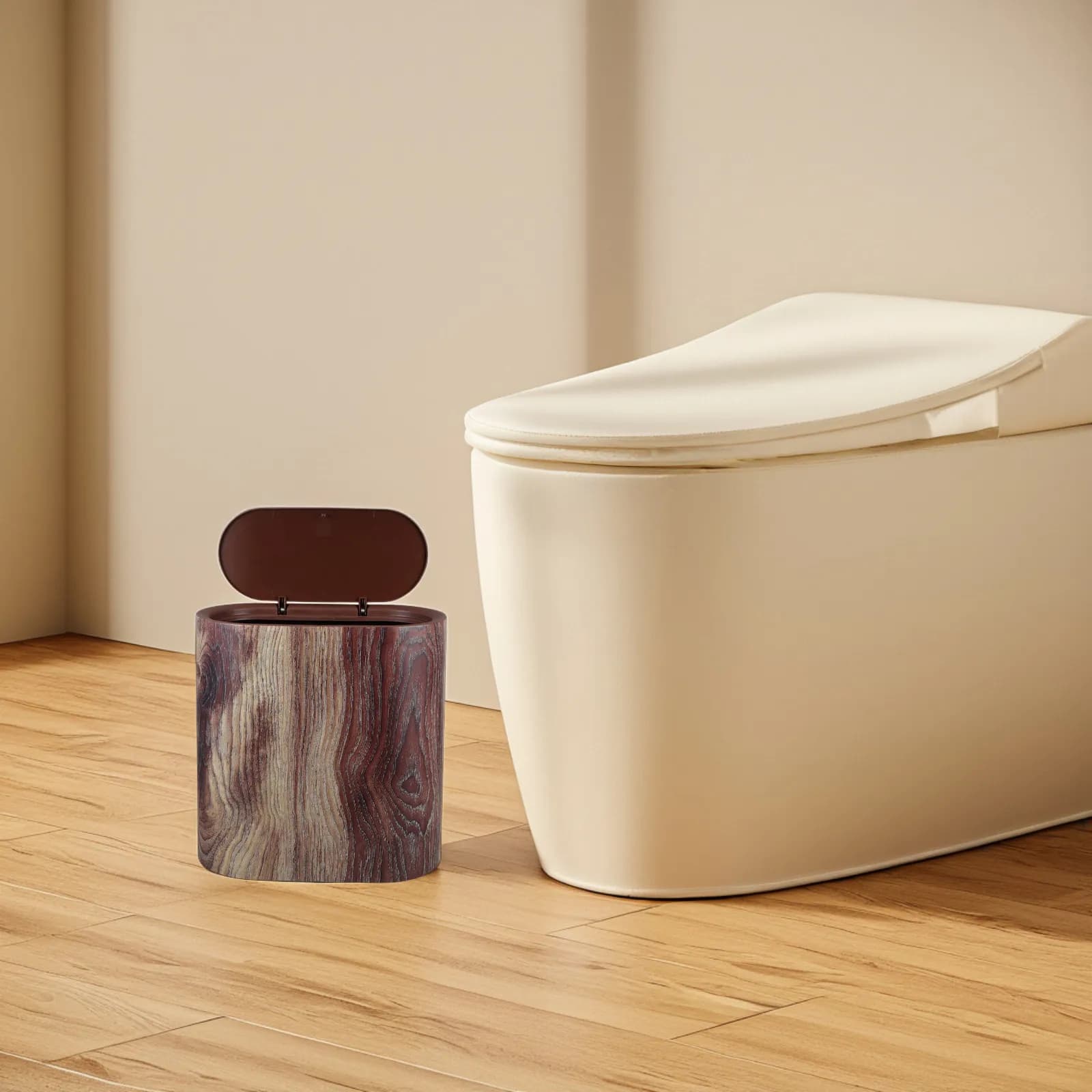 Wood Grain Trash Can with Lid Space-Saving Slim Compact Waste Basket for Bathroom Kitchen Living Room Office Restroom Trash Can
