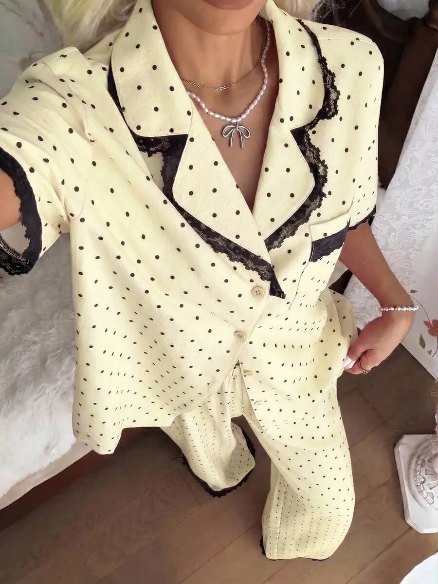 Womens Polka Dot Pajama Set Short Sleeve Lace Trim Sweet Style